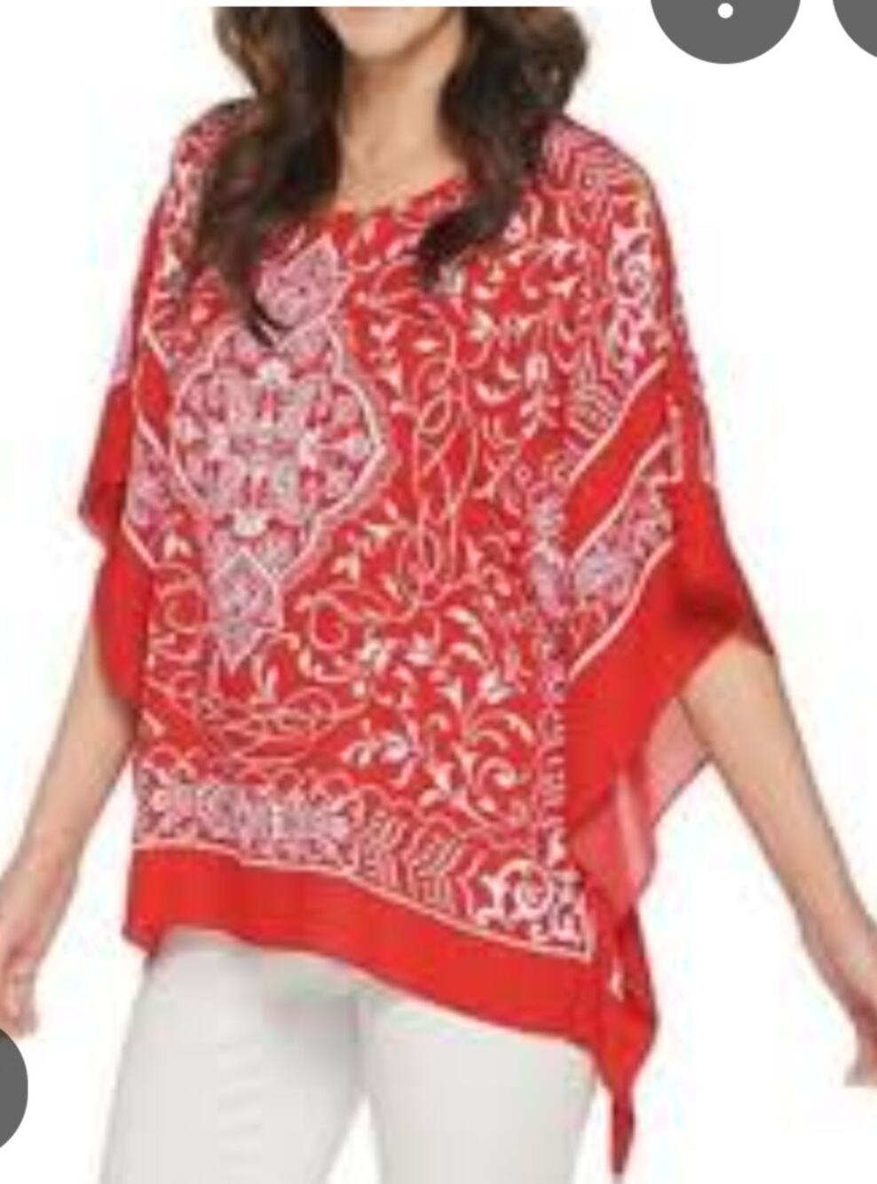 6092)Susan Graver Plus 2X Red & White Bandana Paisley Print Scarf Poncho Top